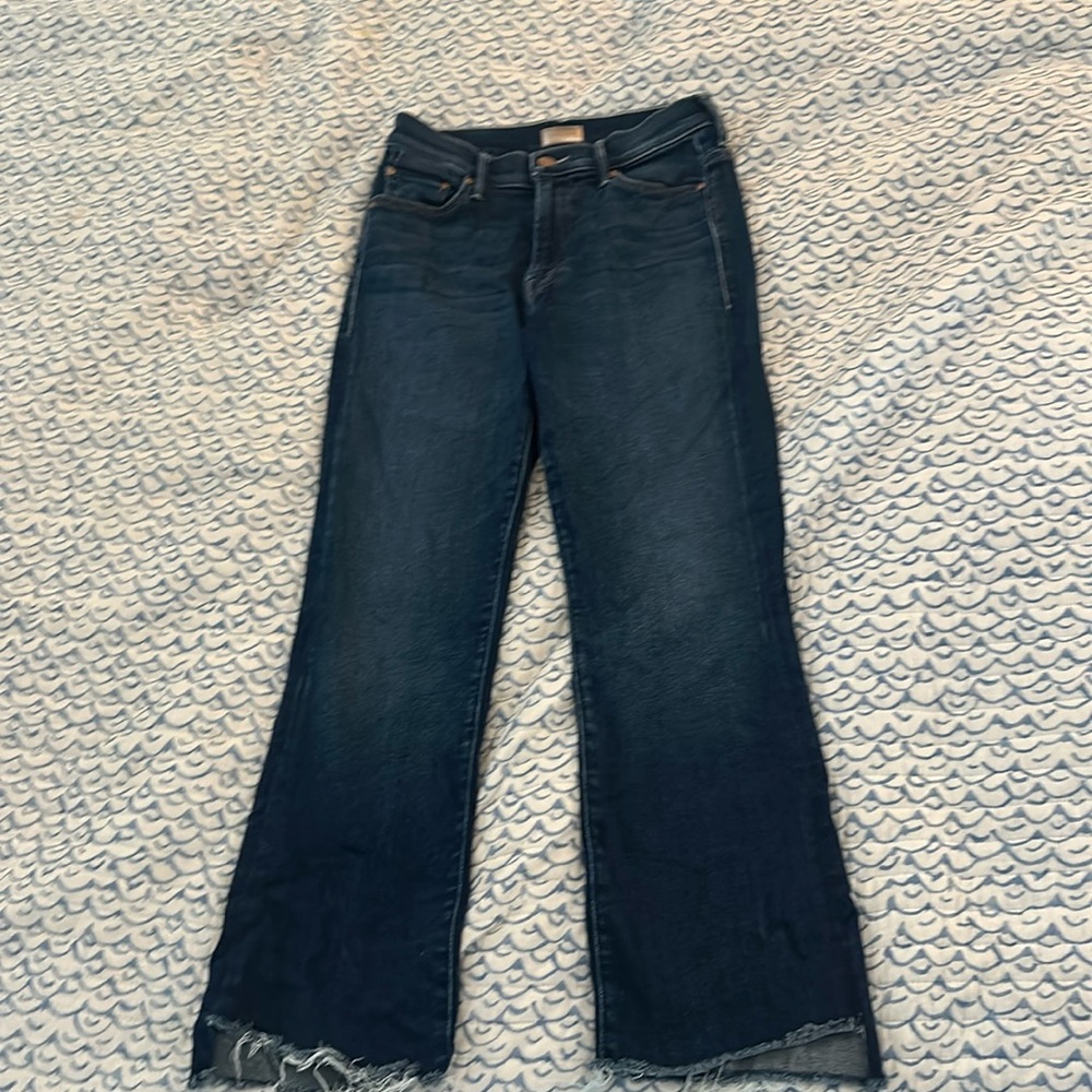 Mother The Insider Crop Step Fray Jeans Asymmetrical Flare Hem Blue Size 26